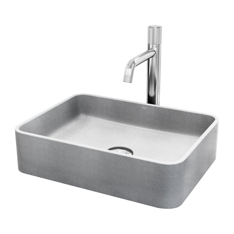 VIGO Segovia Gothic ConcretoStone Grey Bathroom Sink/Basin Set with Apollo Faucet and Rectangular Vessel E5