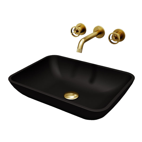 VIGO Sottile MatteShell Matte Black Bathroom Sink/Basin Set with Cass Wall Mount Faucet and Glass Rectangular Vessel P4