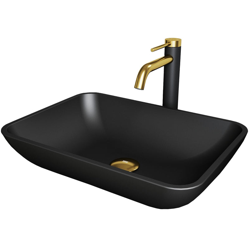 VIGO Sottile MatteShell Matte Black Bathroom Sink/Basin Set with Lexington Faucet and Glass Rectangular Vessel L0