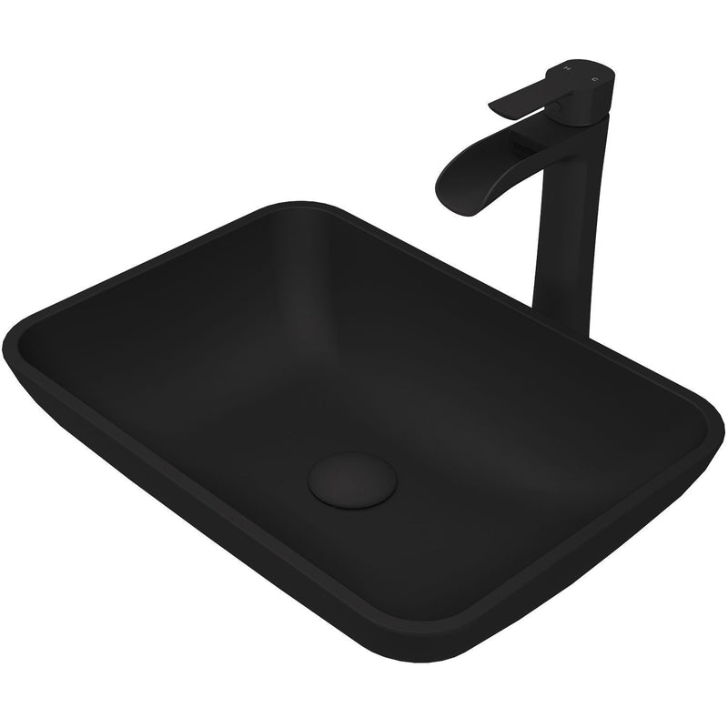 VIGO Sottile MatteShell Matte Black Bathroom Sink/Basin Set with Niko Faucet and Glass Rectangular Vessel O0