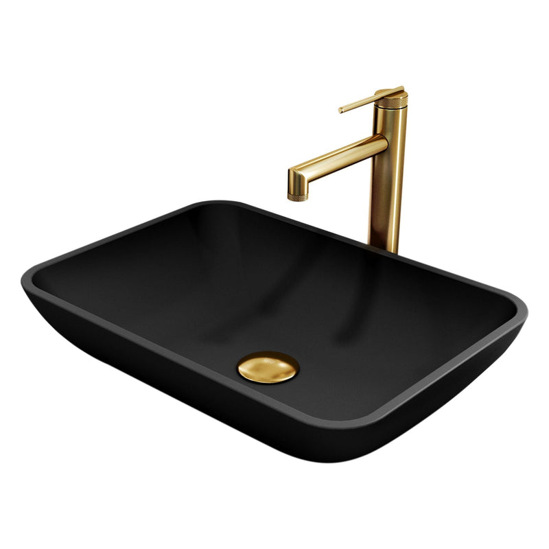 VIGO Sottile MatteShell Matte Black Bathroom Sink/Basin Set with Sterling Faucet and Glass Rectangular Vessel F0