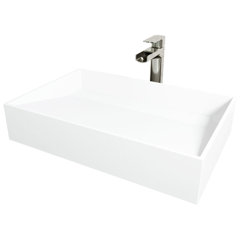 VIGO Starr Glass MatteStone White Bathroom Sink/Basin Set with Amada Faucet and Rectangular Composite Vessel F0