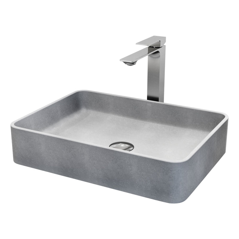 VIGO Tarragona Gothic ConcretoStone Grey Bathroom Sink/Basin Set with Dunn Faucet and Rectangular Vessel R0