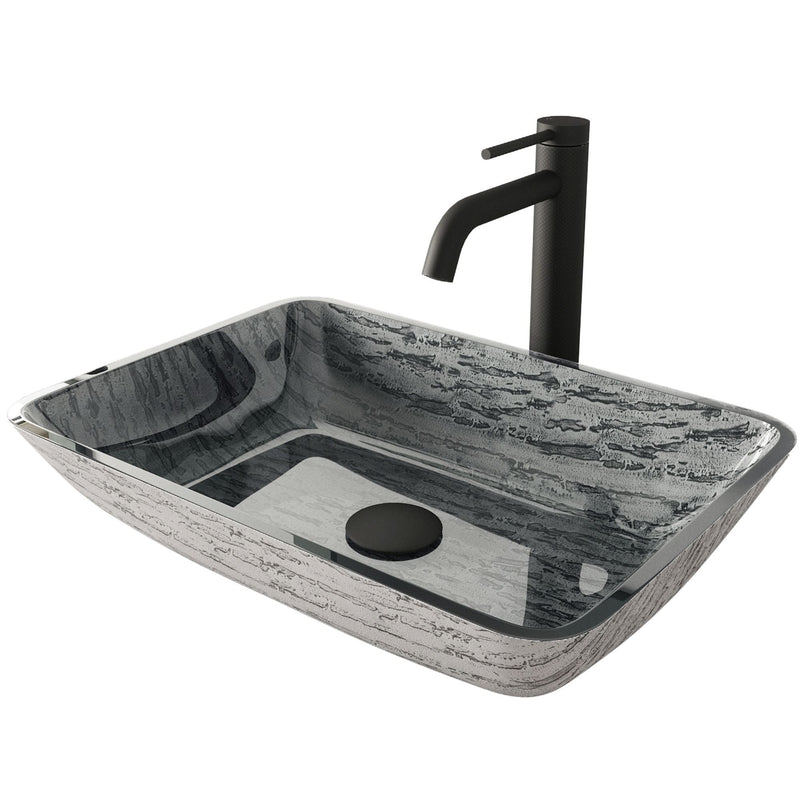 VIGO Titanium Glass Slate Grey Bathroom Sink/Basin Set with Lexington Faucet and Rectangular Vessel Q1