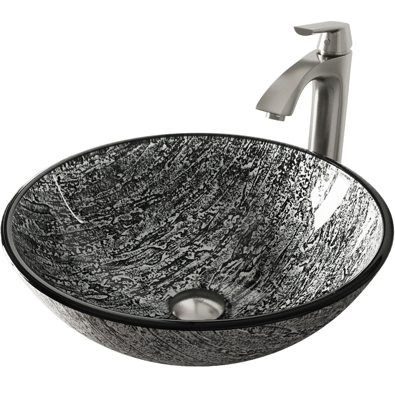 VIGO Titanium Glass Slate Grey Bathroom Sink/Basin Set with Linus Faucet and Round Vessel D4