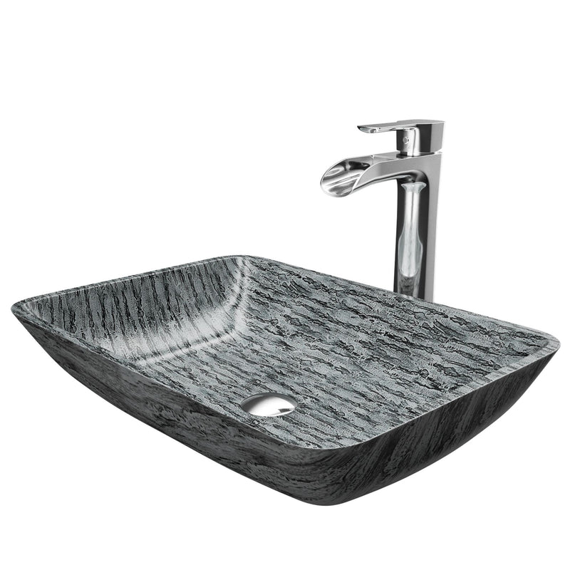VIGO Titanium Glass Slate Grey Bathroom Sink/Basin Set with Niko Faucet and Rectangular Vessel A4