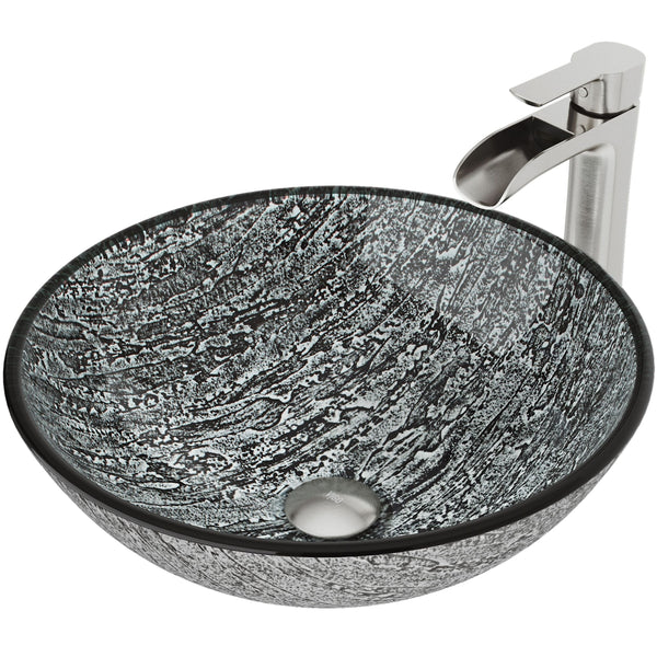 VIGO Titanium Glass Slate Grey Bathroom Sink/Basin Set with Niko Faucet and Round Vessel T9