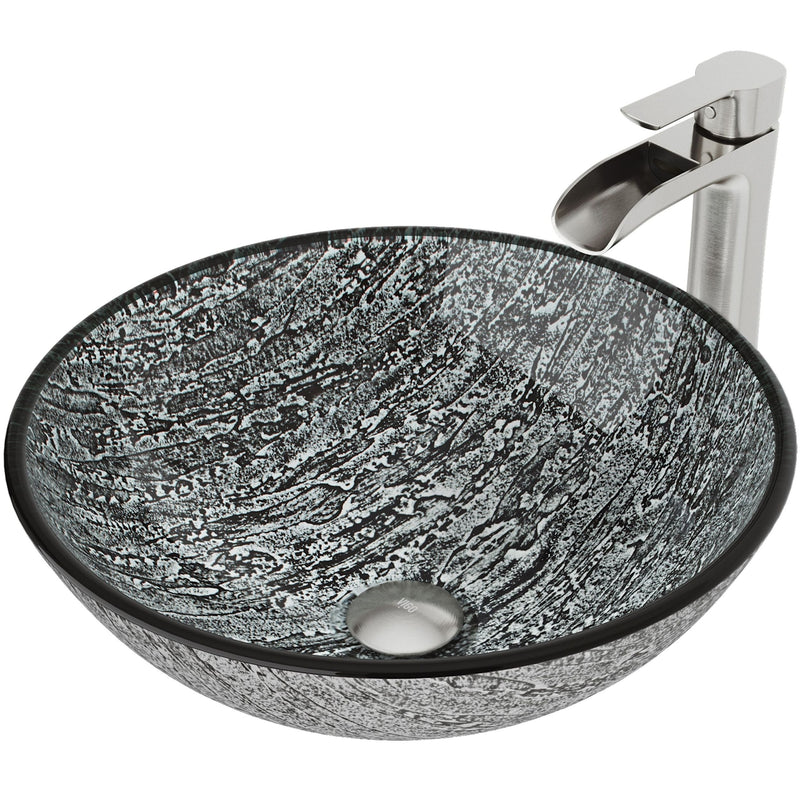 VIGO Titanium Glass Slate Grey Bathroom Sink/Basin Set with Niko Faucet and Round Vessel T9