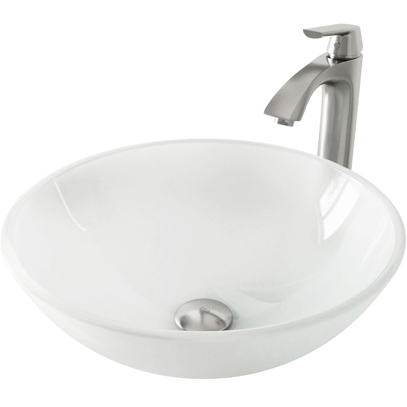 VIGO White Frost White Bathroom Sink/Basin Set with Linus Faucet and Round Glass Vessel G5