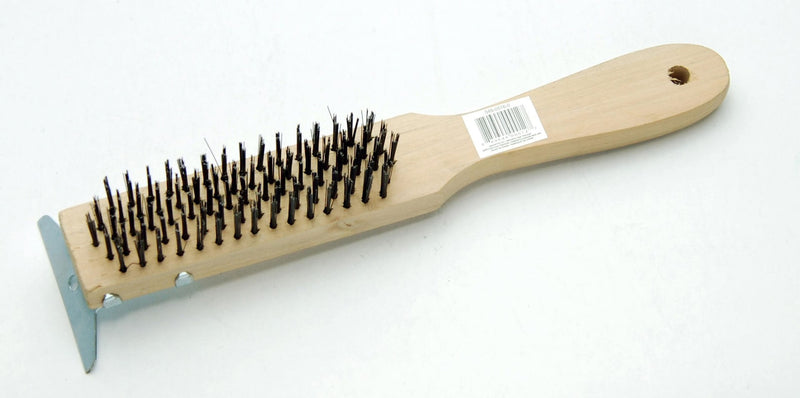 Wooden 5-Row Carbon Steel Wire Brush with Metal Scraper, Cleans/Removes Paint, Rust & Dirt M8