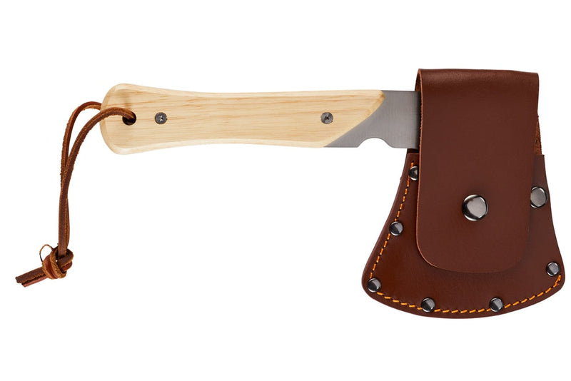 Woods Mini Pack Axe, Steel Single-Bit Hatchet Axe with Wooden Handle, Leather Sheath & Strap Q3