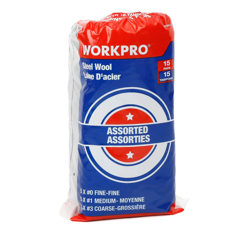 Workpro Steel Wool Pads For Multi-Surface Smoothing & Cleaning, Assorted Grade Pack, 15-pk K4