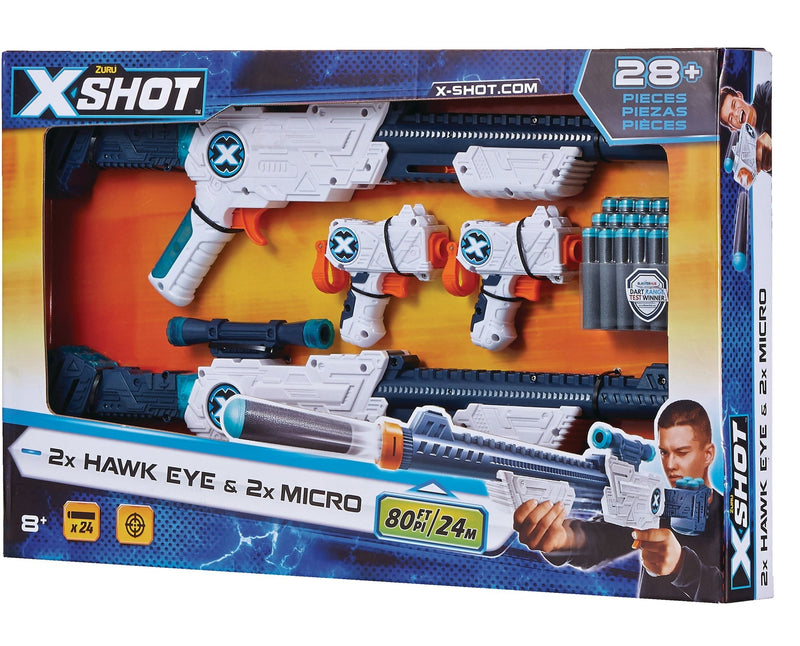 ZURU X-Shot Double Hawk Eye & Micro Foam Dart Blaster Combo Pack with 24 Darts, Ages 8+ U1